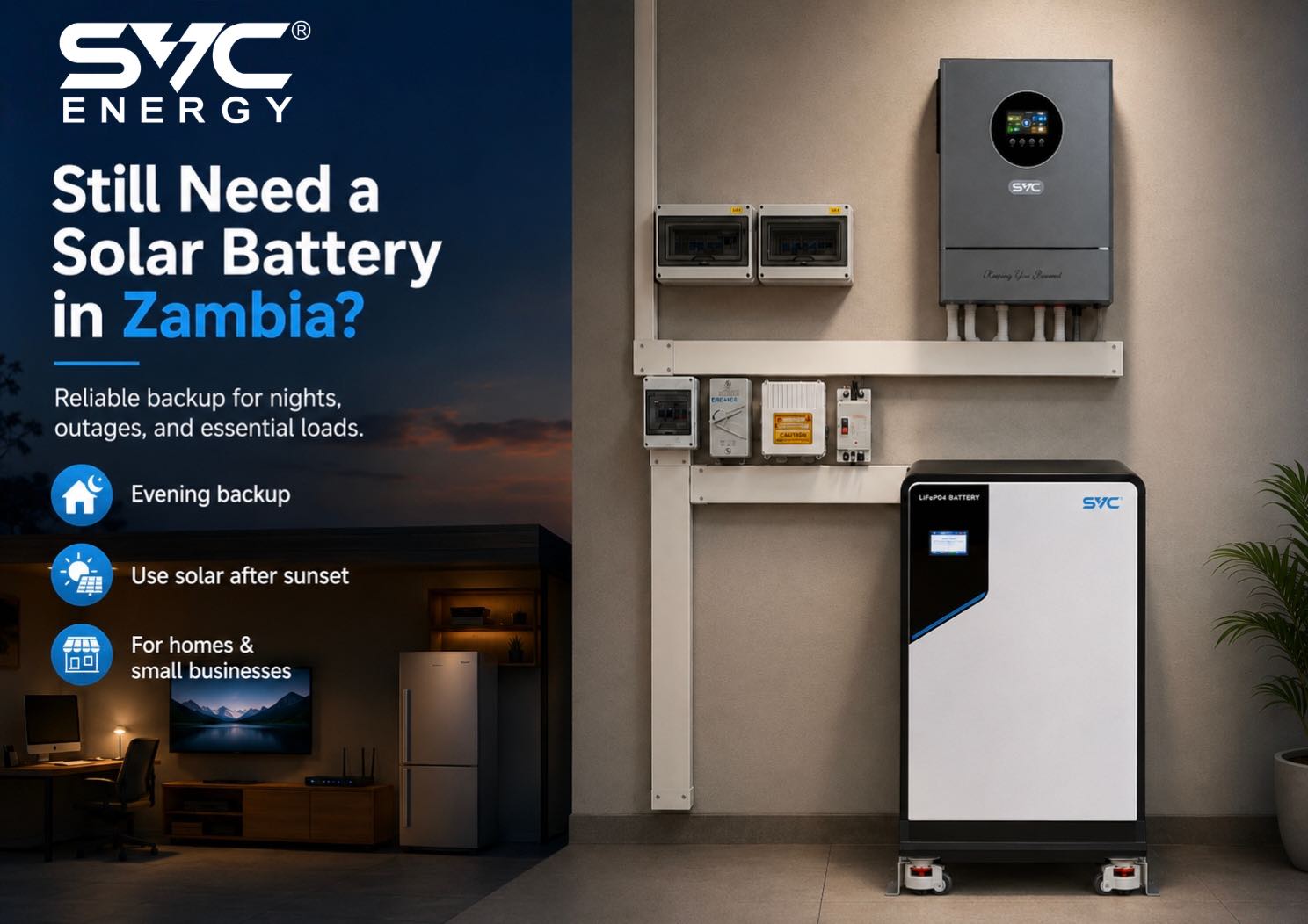 Evening backup system with a solar battery and hybrid inverter for Zambian homes and small businesses.